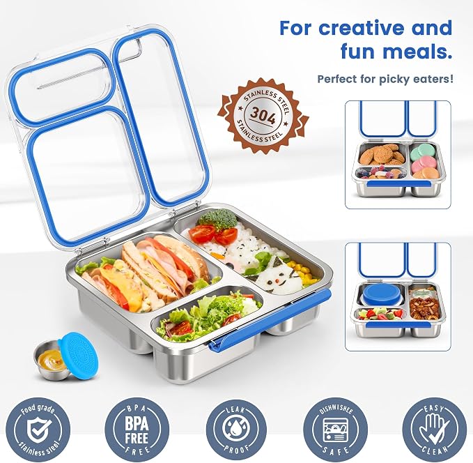 Stainless Steel Bento Box Kids Adult with 7oz Soup Thermo, Transparent Lid 3 Compartments Metal Bento Lunch Box with Insulated Food Jar,Lunch Box Container Sauce Cup for School,BPA-Free (Blue)