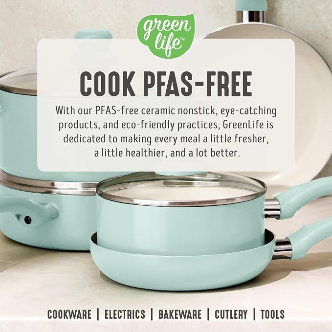 GreenLife 5QT Ceramic Nonstick Stockpot with Lid, Mint Green | PFAS-Free Nonstick Coating, Casserole Pot, Soup Pot, Pasta Pot, Induction Ready, All Stovetop Compatible, Dishwasher Safe