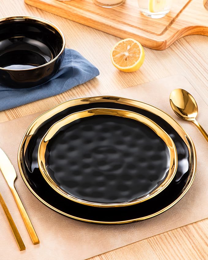 LOVECASA 12 Pieces Plates and Bowls Sets, Porcelain Black and Gold Dinnerware Sets, Round Dinner Plates Dishes Set Service for 4, Dishwasher Safe and Scratch Resistant, Black