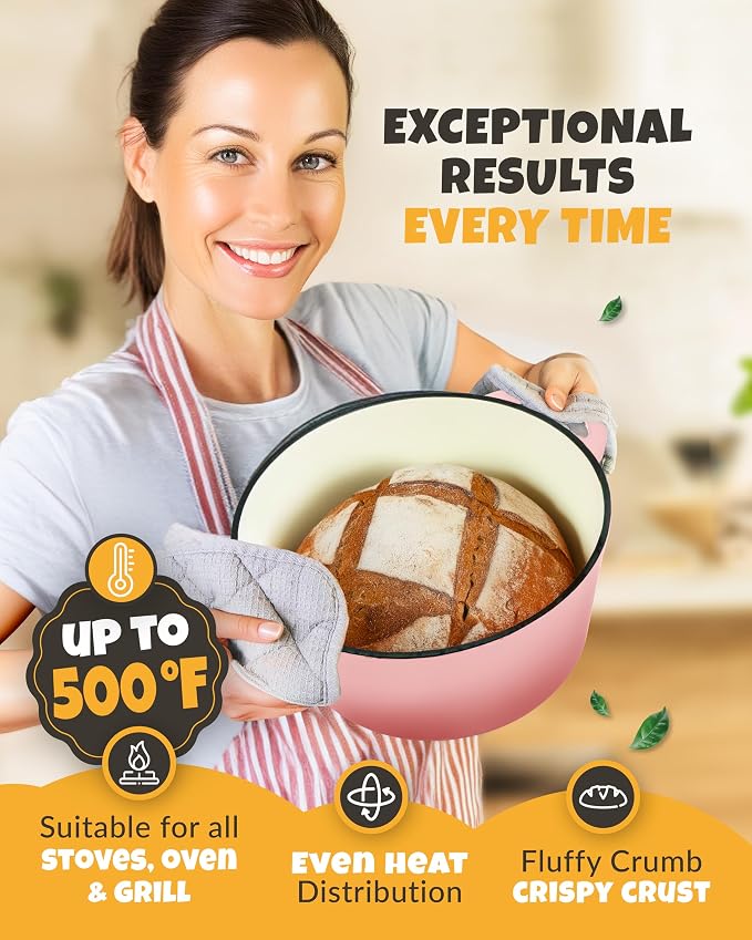 5 QT Cast Iron Bread Oven with Lid for Sourdough Bread Baking Set | Complete sourdough bread baking supplies with banneton, bread sling, scoring lame, dough whisk, scraper & clear instructions