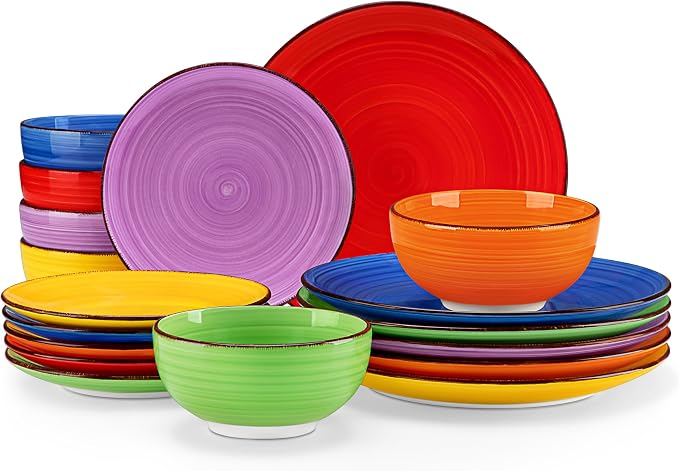 vancasso Bonita Dinnerware Set Multicolor Stoneware 18 Pieces Service for 6 | Handpainted Spirals Pattern Stoneware Plates and Bowls Set, Modern Round Dishes Sets, Microwave and Dishwasher Safe