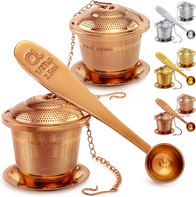 Tea Infuser Set of 2 with Tea Scoop & Drip Trays - 304 Stainless Steel Ultra Fine Mesh Loose Leaf Tea Strainer, Reusable Tea Steeper Basket for Rooibos, Green, Black, Herbal & Oolong Tea, etc