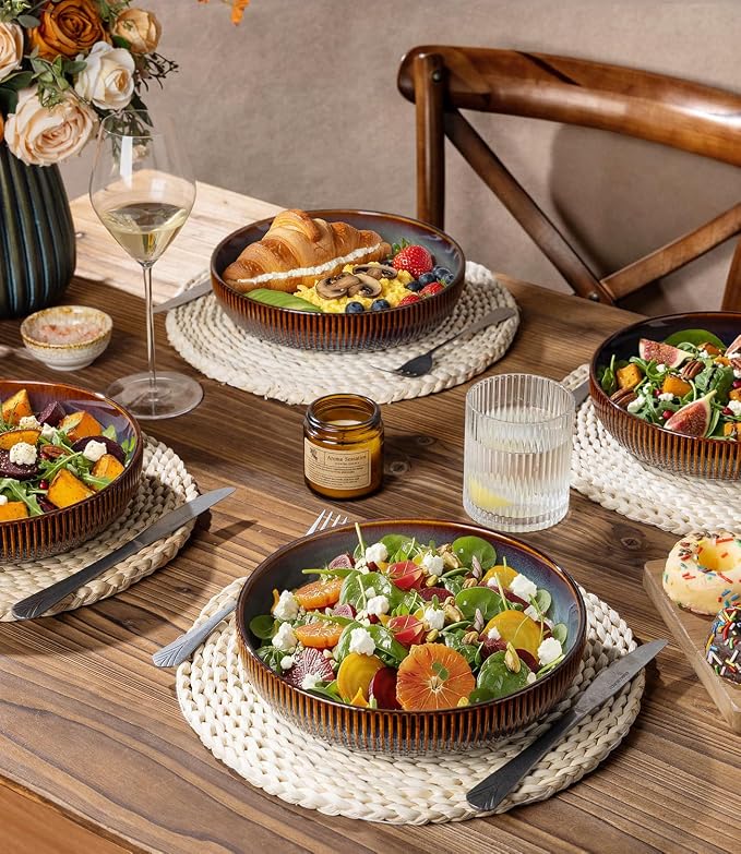 8.5" Ceramic Pasta Bowls Set of 4, Salad Bowls | Versatile Serving Bowls for Pasta, Salad, Fruit & Noodles, Housewarming & Wedding Gift, Cocoa Mocha