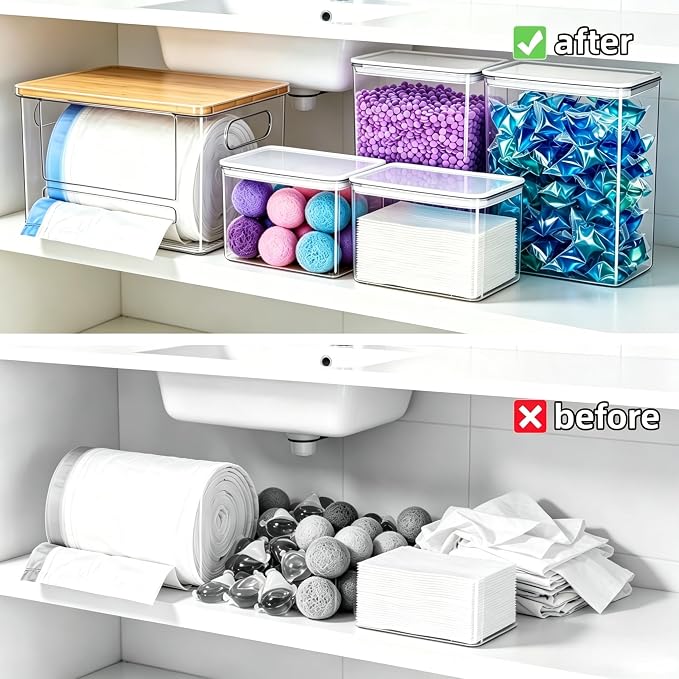 5-in-1 Under Sink & Pantry Storage Organizer Set | Bamboo lid trash bag dispenser, clear acrylic laundry pods container; fits kitchen pantry, laundry room & under sink storage