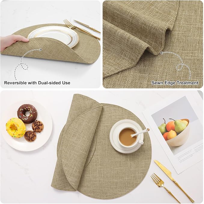 Cotton Linen 15 Inch Round Cloth Place mats, Set of 4, Linen | Washable Table Mats, Heat Resistant, Reversible, Wipeable Place Mats for Indoor Outdoor