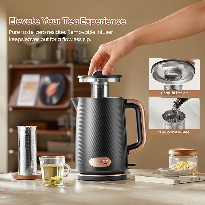 OLEGA Electric Kettle: 1200W Fast Boil Tea Kettles with Tea Infuser 1.5L | Stainless Steel Kettle; Electric Water Kettle with Strainer; Plastic Free Teapot; Auto Shut-Off Water Boiler