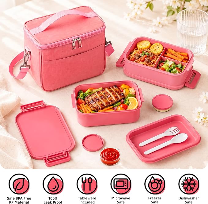 Bento Box Adult Lunch Box - 2130ml Lunch Box for Women with Insulated Lunch Bag, Utensils & Sauce Container, Leak Proof Bento Box for Girls, Reusable Plastic Lunch Container for Work, Meal Prep, Pink