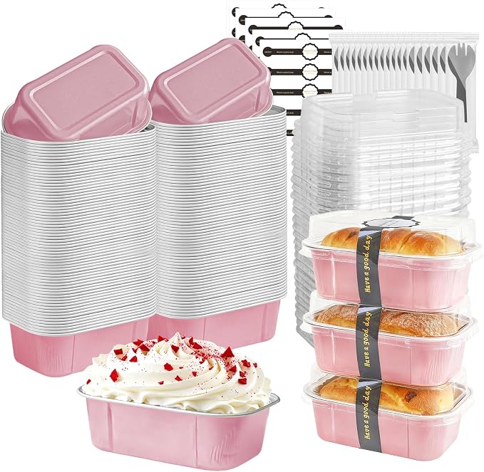 Mini Cake Pans With Lids And Spoons,5.5 oz Rectangle Mini individual Loaf Pans Disposable Aluminum Foil Small Baking Cups Tins (100, Pink)