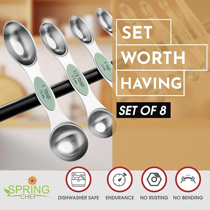 Spring Chef Stainless Steel Magnetic Measuring Spoons Set of 8, Pistachio | Nesting Metal Teaspoon & Tablespoon Measuring Spoons with Leveler for Dry & Liquid Ingredients, Dual Sided, Dishwasher Safe