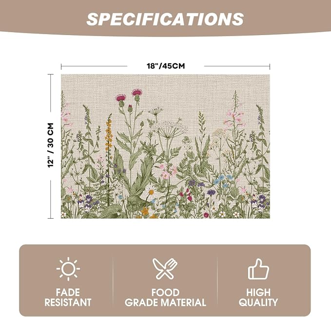 Artoid Mode Wild Flower Vinyl Placemats Set of 6, Wipeable Colorful Printing PVC Table Mats for Spring Party Kitchen Dining Decor, 12x18 Inch