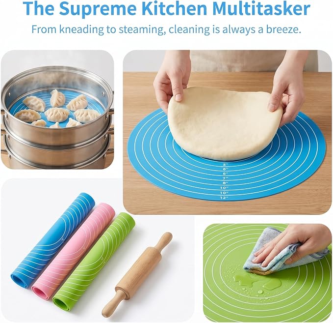 3PCS Round Silicone Baking Mats, 11.8 Inch Reusable Nonstick Pastry Mat with Measurement Guides, Heat Resistant Silicone Baking Mat for Pizza Pan, Dough Rolling, Pastry and Baking