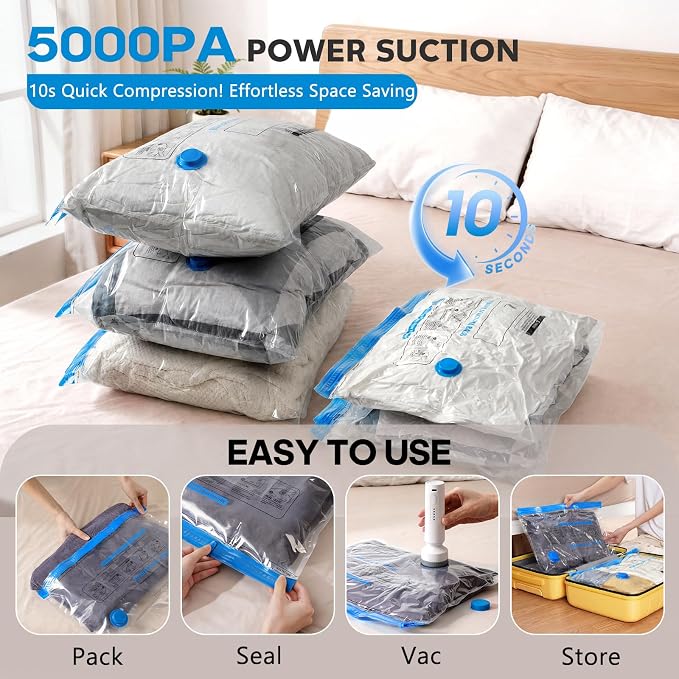 12 Pack Vacuum Storage Bags for Travel with Rechargeable Cordless Pump, Space Saver Bags for Clothes, Compression Packing Bags for Luggage and Suitcase, Blue