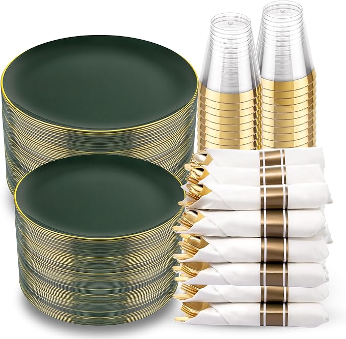 KIRE 350PCS Green and Gold Plates - Plastic Dinnerware Set for Christmas | 50Guests Include 100PC Green Plastic Disposable - 50PCSPre Rolled Napkins with Silverware &50PCS Cups for Wedding/Holiday
