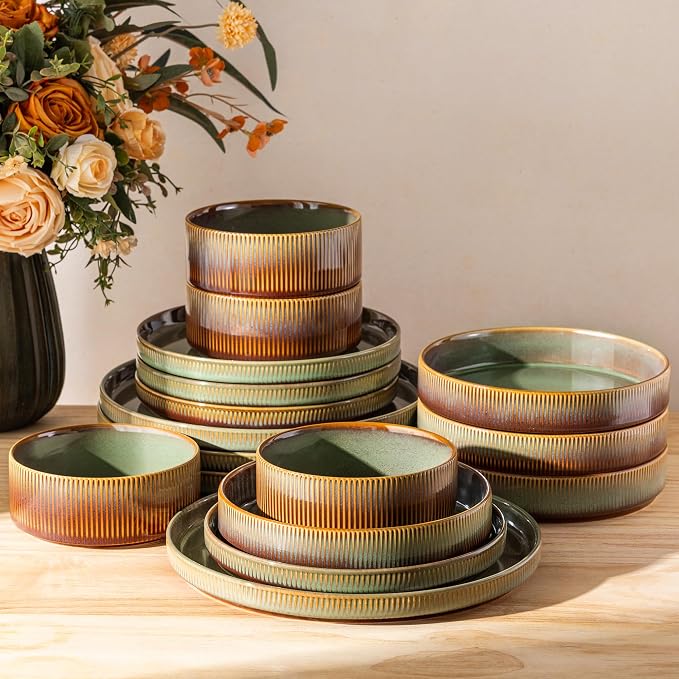 Ceramic Dinnerware Set for 4, 16-Piece Plates and Bowls Set | Lightweight Porcelain Dish Set, Scratch Resistant, Oven & Microwave & Dishwasher Safe, Sage Umber