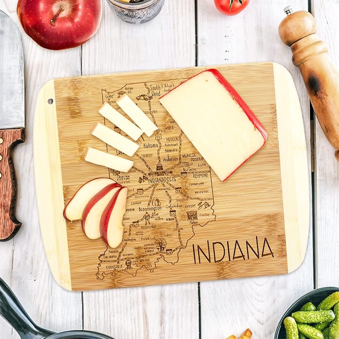 Totally Bamboo A Slice of Life Indiana Engraved Map Cutting Board | 11” x 8.75” charcuterie board with engraved state map artwork. Smooth reverse side for food prep. Hang tie for wall display.