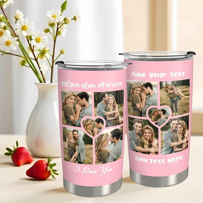 Personalized Tumbler Custom Vacuum Insulated Travel Mug Customizable Coffee Cup with Your Photos and Text Christmas Birthday Gift (Ten Photos+Text)