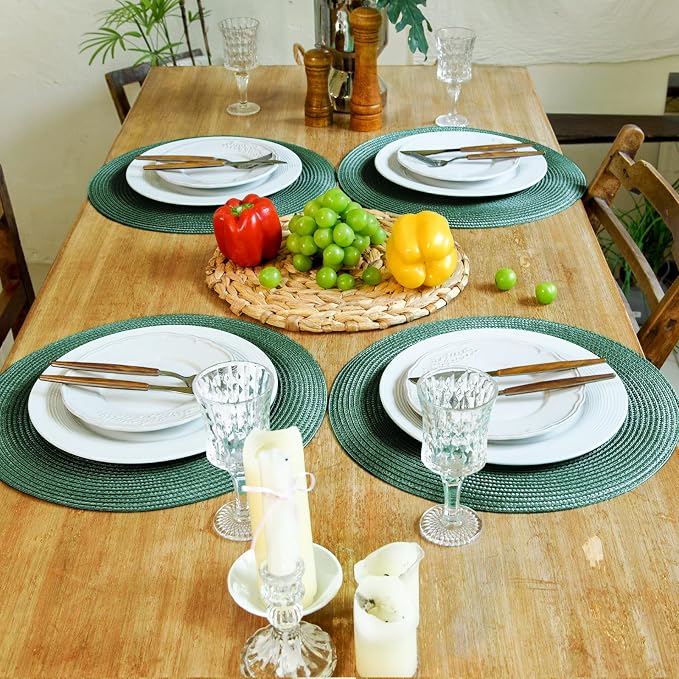 FunWheat Round Braided Placemats Set of 4 Table Mats for Dining Tables Woven Washable Non-Slip Place mats 15 inch(Black Green,4pcs)