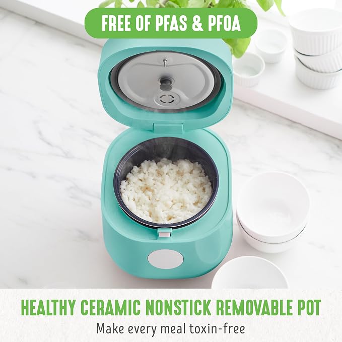 GreenLife Digital Rice Cooker, 2-Cups Uncooked/4-Cups Cooked, Turquoise