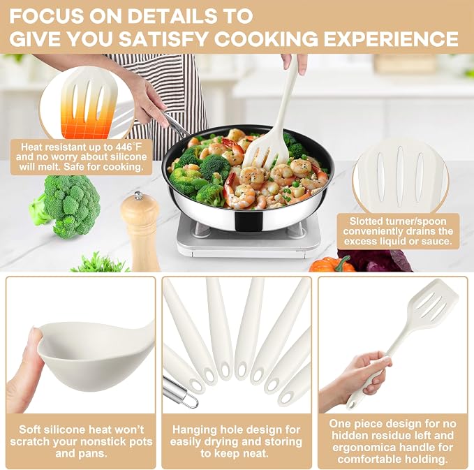 TeamFar Silicone Cooking Utensils Set, 8 PCS Kitchen Utensils Set, White | 446°F Heat Resistant Turner, Spatula, Spoon, Whisk, Kitchen Cooking Gadgets Tools, for Nonstick Cookware, Dishwasher Safe
