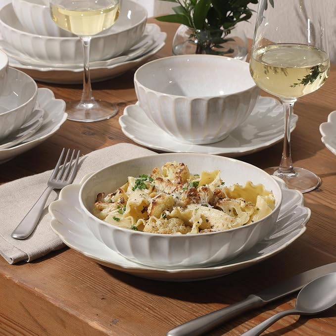 Gibson Elite Malibu Shore 16 Piece Scallop Stoneware Reactive Glaze (Service for 4) Ceramic Plates and Bowls Dinnerware Set - Shiny Cream White