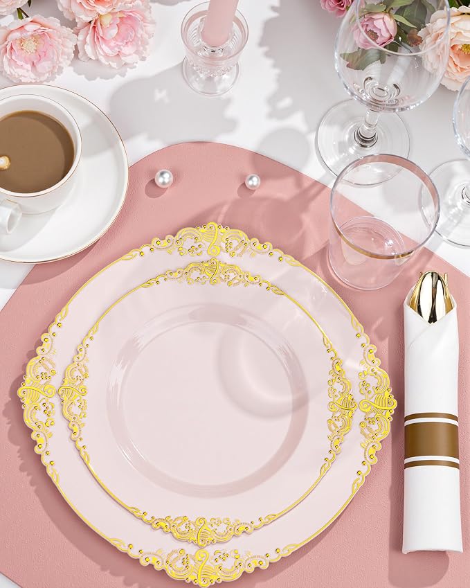 Nervure 700Pcs Pink Plastic Plates, Plastic Dinnerware Set for 100 Guests | 100 7.5" Dessert & 100 10.25" Dinner Plastic Plate, 300 Silverware, 100 10oz Cups, 100 Napkin for Wedding & Party, BPA-free