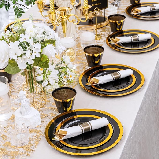 YOUBET 350PCS Black and Gold Plastic Plates for Party Wedding | Black Disposable Dinnerware Sets for 50 Guests - 100 Plastic Plates, 150 Gold Silverware, 50 Cups, 50 Pre Rolled Napkins