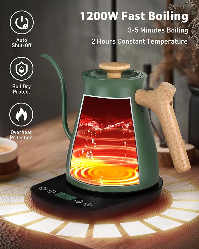 Harriet Gooseneck Electric Kettle, 1°F Control, Brew Time, 0.8L | 120-Min Keep Warm, 104–203°F Control, Built-In Brew Timer, Stainless Steel, Wood-Accent Handle for Pour-Over Coffee