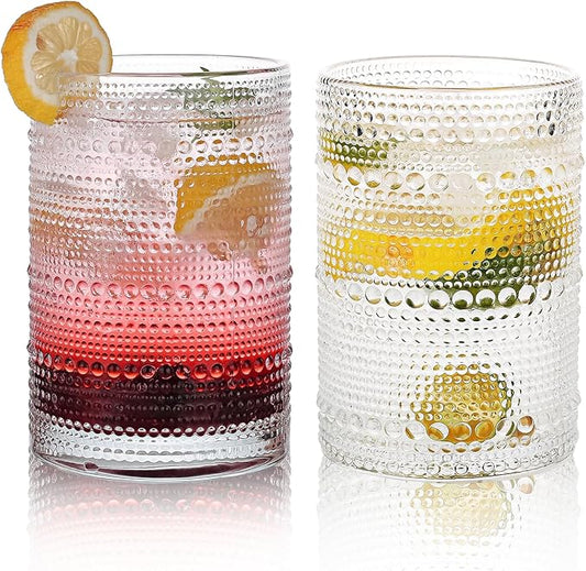 Hobnail Drinking Glasses Set of 2, 16 Oz Vintage Embossed Glass Cup Kitchen Glassware Water Tumblers for Cocktails, Beer, Juice, Whiskey
