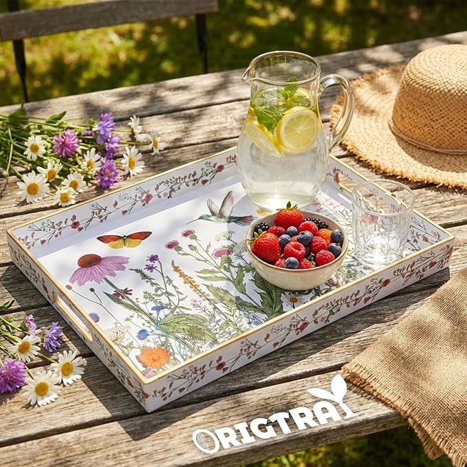Serving Tray with Handles, Rectangular Plastic Tray 15.75x11.81 Inch, Wildflower, Butterflies & Hummingbirds Style Decorative Tray for Kitchen, Dining Table, Vanity, Office & Home