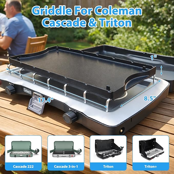 Utheer Ceramic Reversible Griddle for Coleman Cascade & Triton, 17.4 x 8.5 | Flat & Ribbed Camping Griddle with Ceramic Nonstick Surface, Built-In Storage Fit & No-Wobble Base, for 2-Burner Camp Stoves