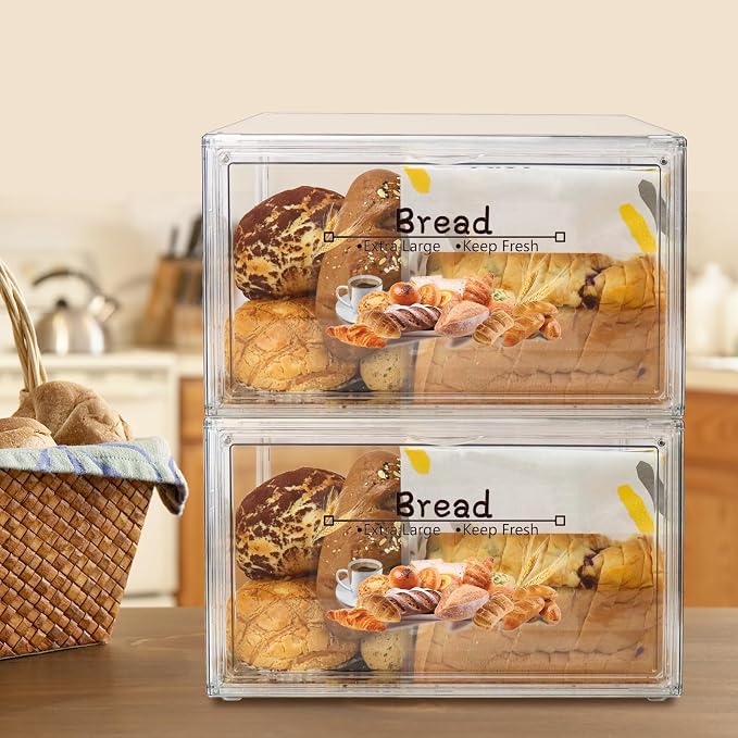RISICULIS 2PCS Large Bread Box for Countertop, Stackable Double Layer Storage Container, Clear Boxes for Kitchen Counter, Bread Keeper for Homemade Bagel, Muffins, Rolls | Large Capacity Stackable Double Layer, Clear Boxes for Kitchen Counter, Bread Ke...