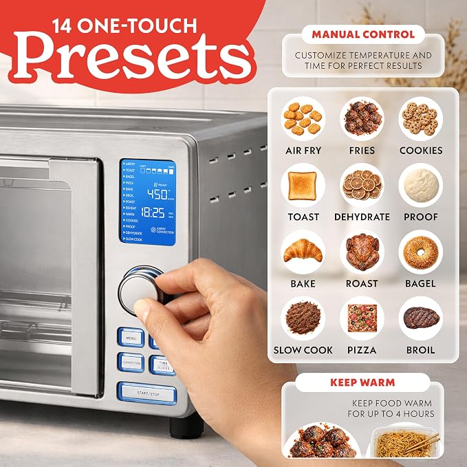 Gourmia Air Fryer French Door Toaster Oven - 6-Slice Capacity, LED Display with 14 Cooking Presets, Stainless Steel