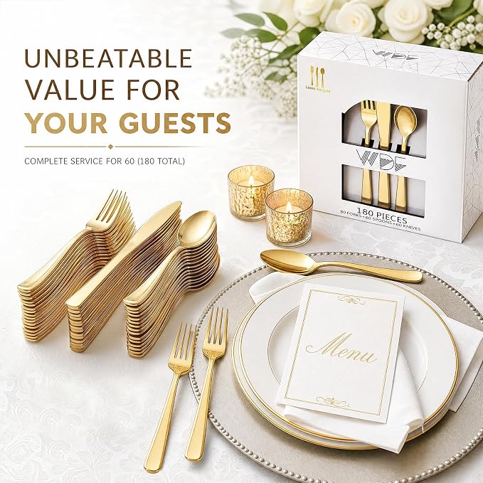 180 Count Gold Plastic Silverware Set - Heavy Duty Disposable Cutlery (60 Forks, 60 Knives, 60 Spoons) - BPA-Free Gold Flatware for Wedding, Party, Baby Shower, Thanksgiving