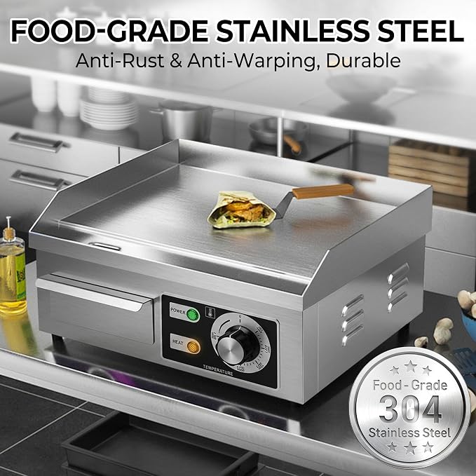 Stainless Steel Electric Griddle, Flat Top Grill for Countertop, Indoor Use | 1700W, 14.2"×15.7" Nonstick Surface, 122°F–572°F Temp Control, Removable Drip Tray for Easy Clean, Grill for Home& Commercial