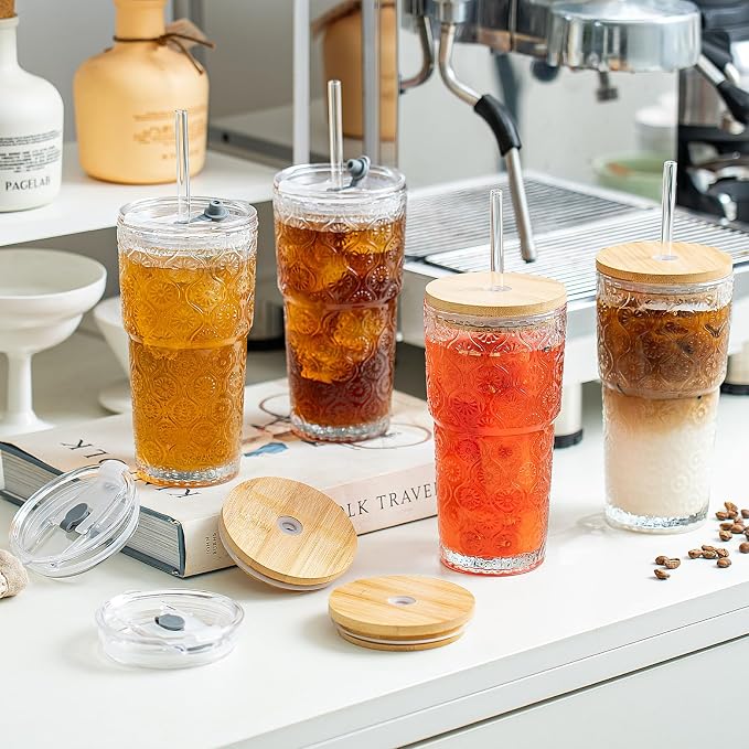 SoulTimes 20oz Begonia Flower Glass Tumbler with Bamboo Lid and Straw–Iced Coffee Glasses Cups for Smoothie, Matcha, Juice, Water etc. Leakproof and Reusable Glassware Drinking for Travel To Go [4Pcs]