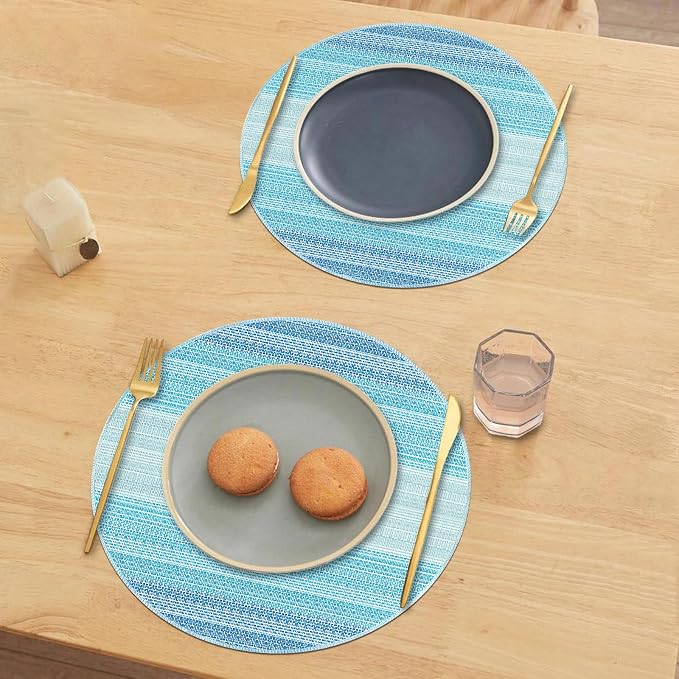 Round Placemats, Placemats Set of 4 Washable Place Mats, Blue 15" | Easy to Clean, Heat Resistant Table Mats, Wipeable Linen Placemat for Holiday Party Kitchen Dining Table Decoration