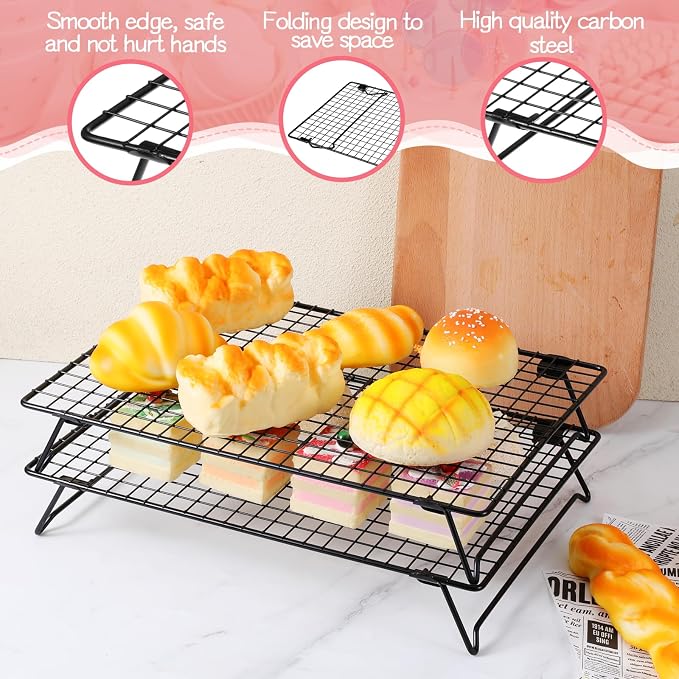 2 Pcs Cooling Racks for Baking 13.38 x 9.57 Inch Stackable Cookie Cooling Racks with Folding Legs Black Wire Rack for Cooking Roasting Drying Grilling