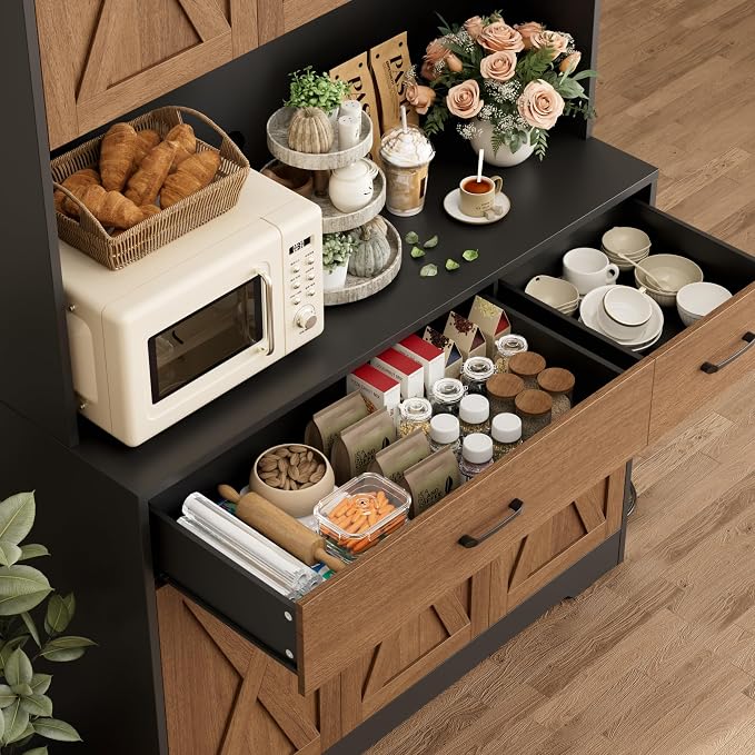 HOSTACK 71"H Kitchen Pantry Storage Cabinet, Farmhouse Hutch Cabinet, Brown | Space-Saving Pantry Cabinet with Charging Station & 2 Large Drawers & Adjustable Shelves, Tall Kitchen Hutch, Dining Room