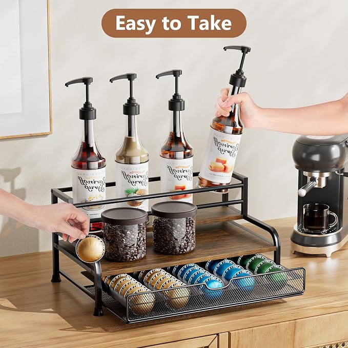 Coffee Syrup Rack Organizer, 3-Tier Pod Holder Drawer for Nespresso | Black Metal Rack for Syrup Bottles and Coffee Bar Storage, Holds 30 Big or 40 Small Capsules, Space-Saving Countertop Design