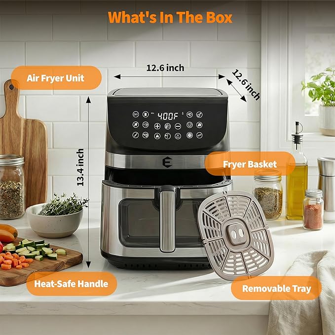 9.5Qt Large Air Fryer Oven, 12 Digital Preset Airfryer Toaster Oven Combo with Touchscreen, Non Toxic Stainless Steel Air Fryer with Viewing Window, XL Capacity Basket Style Airfryer for Family, Black