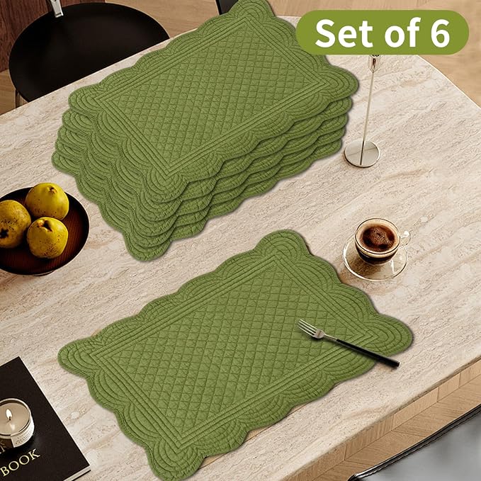 6 PC Quilted Placemats, 18"X13"Extra Large Cotton Placemats Set of 6, 100% Cotton Fabric Washable Cloth Table Mats for Kitchen & Dining Table - Soft &Easy Clean(Olive Green, Rectangular)