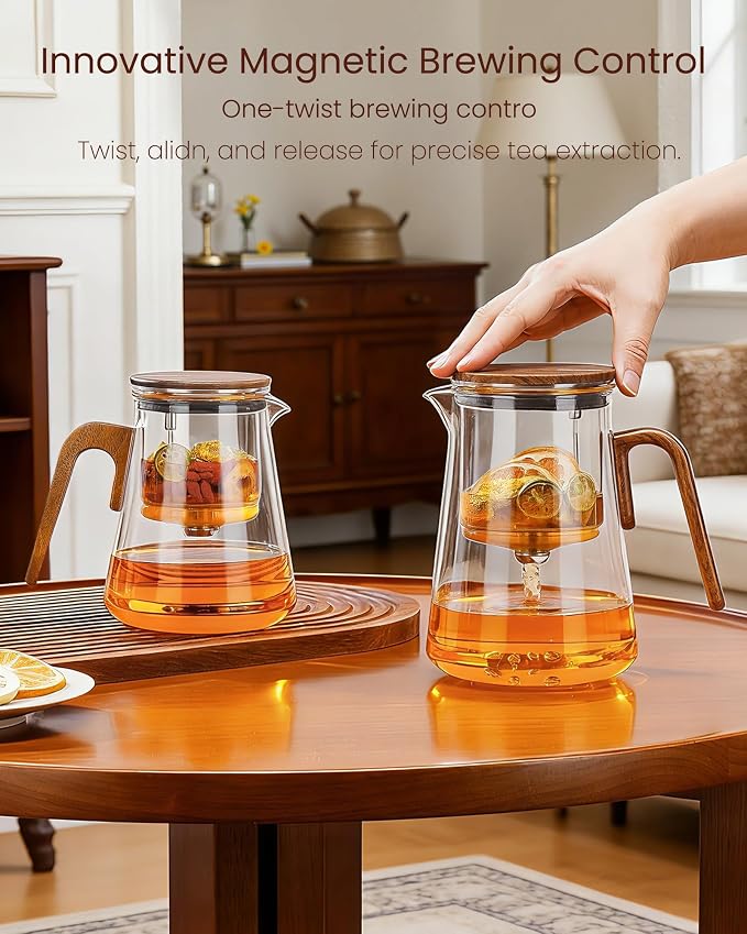 ZENS Magnetic Glass Infuser Teapot for Loose Tea, 34oz Magic Tea Maker | Enchanti Magnetic Teapot, Magic Tea Pot with Infusers for Loose Tea Steeper, Tea Lovers Gift, Walnut Pattern