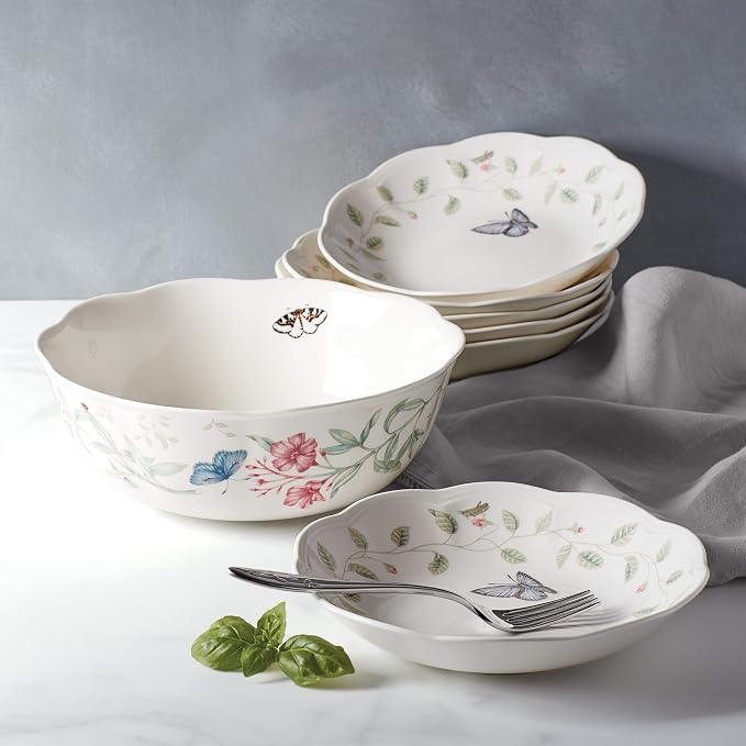 Lenox Butterfly Meadow Porcelain 7-Piece Bowl Set for 2 | dishwasher safe | plates and bowls sets for kitchen and dining | 84oz capacity, 10 inch diameter | 3.5 inch