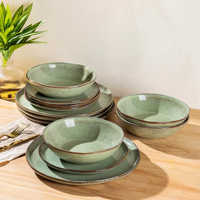 AmorArc Ceramic Dinnerware Sets for 4, 12Pcs Plates and Bowls Sets Dishes | Stoneware Handmade Reactive Glaze Dinner Set, Highly Scratch Resistant | Dishwasher & Microwave Safe Dishware
