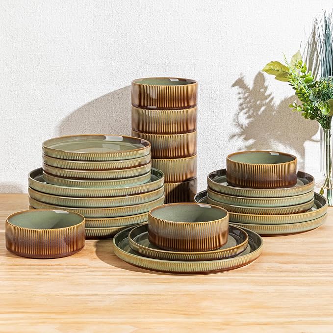 Ceramic Dinnerware Set for 8, 24-Piece Plates and Bowls Set | Lightweight Porcelain Dish Set, Scratch Resistant, Oven & Microwave & Dishwasher Safe, Sage Umber