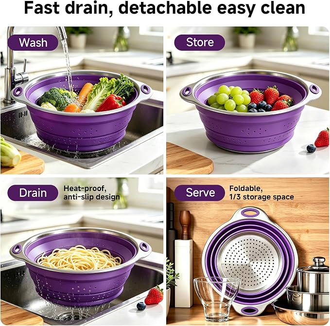 Mejoncb Collapsible Colander – Platinum Silicone Strainer with Stainless Steel Base, BPA-Free & Heat Resistant Kitchen Drain Basket (Purple)