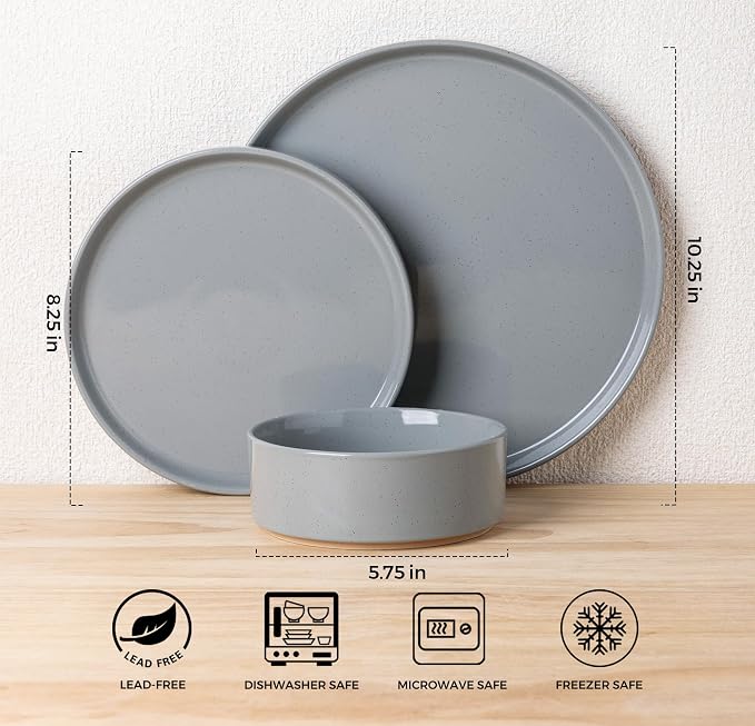 AmorArc Stoneware Dinnerware Sets for 6,18 Pcs Plates and Bowls Set | Handmade Ceramic Dish Set,Dishwasher & Microwave Safe,Scratch Resistant-Gray