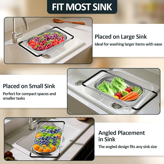Over the Sink Colander - Strainers and Colanders - Sink Strainer Basket - Expandable Fine Mesh Strainer with Rubber Grip for Veggie, Fruits, Pasta, Home Kitchen Essentials (9.5W x 13.4-21.3L x 3.3H)