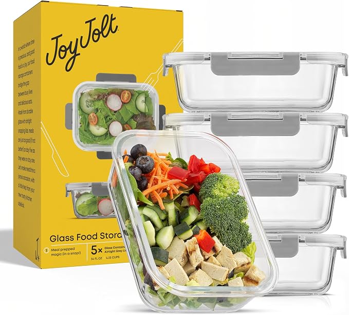 JoyJolt Glass Food Storage Containers with Lids. 5 Pack Glass Meal Prep Containers Reusable 35oz Single Compartment Airtight Container Set. Lunch Containers for Adults and Kitchen Storage Containers
