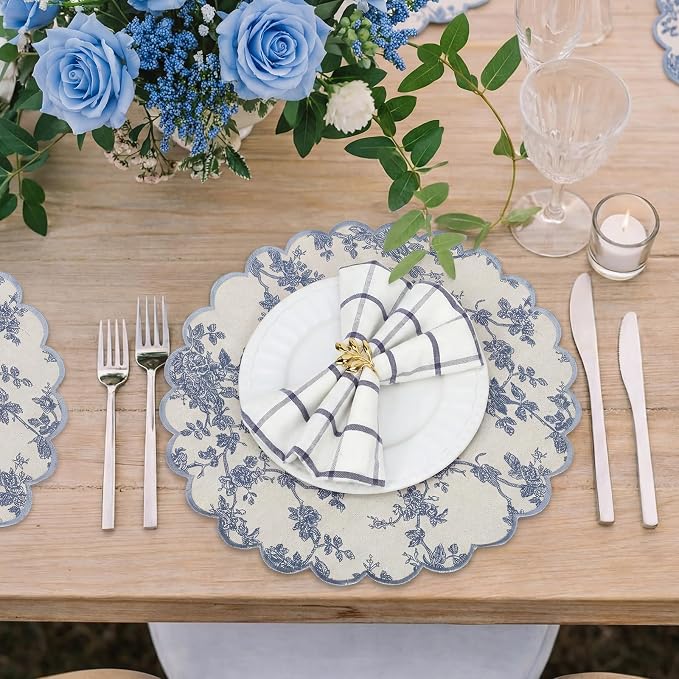 Set of 24 Blue Cotton Placemats 15" Round Scalloped Navy Blue | Double Layered Cotton Fabric, Washable Embroidery, Navy Blue Edge Edge, Rustic Table Mats for Wedding Dining Table Decor